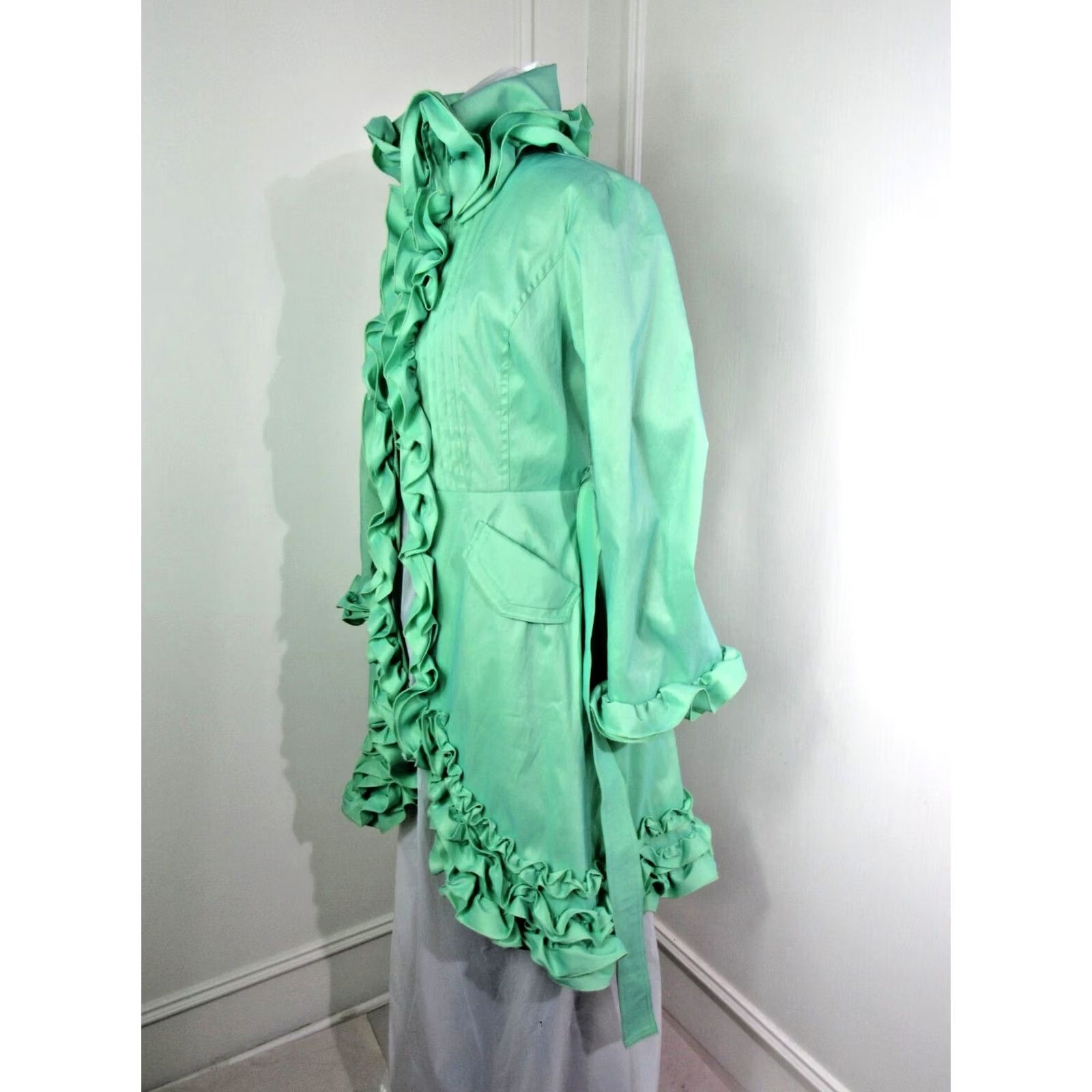 Vintage VINTAGE Samuel Dong Mint Green Ruffled Nylon Taffeta Belted Dress Coat - Medium Size M / US 6-8 / IT 42-44 - 4 Thumbnail