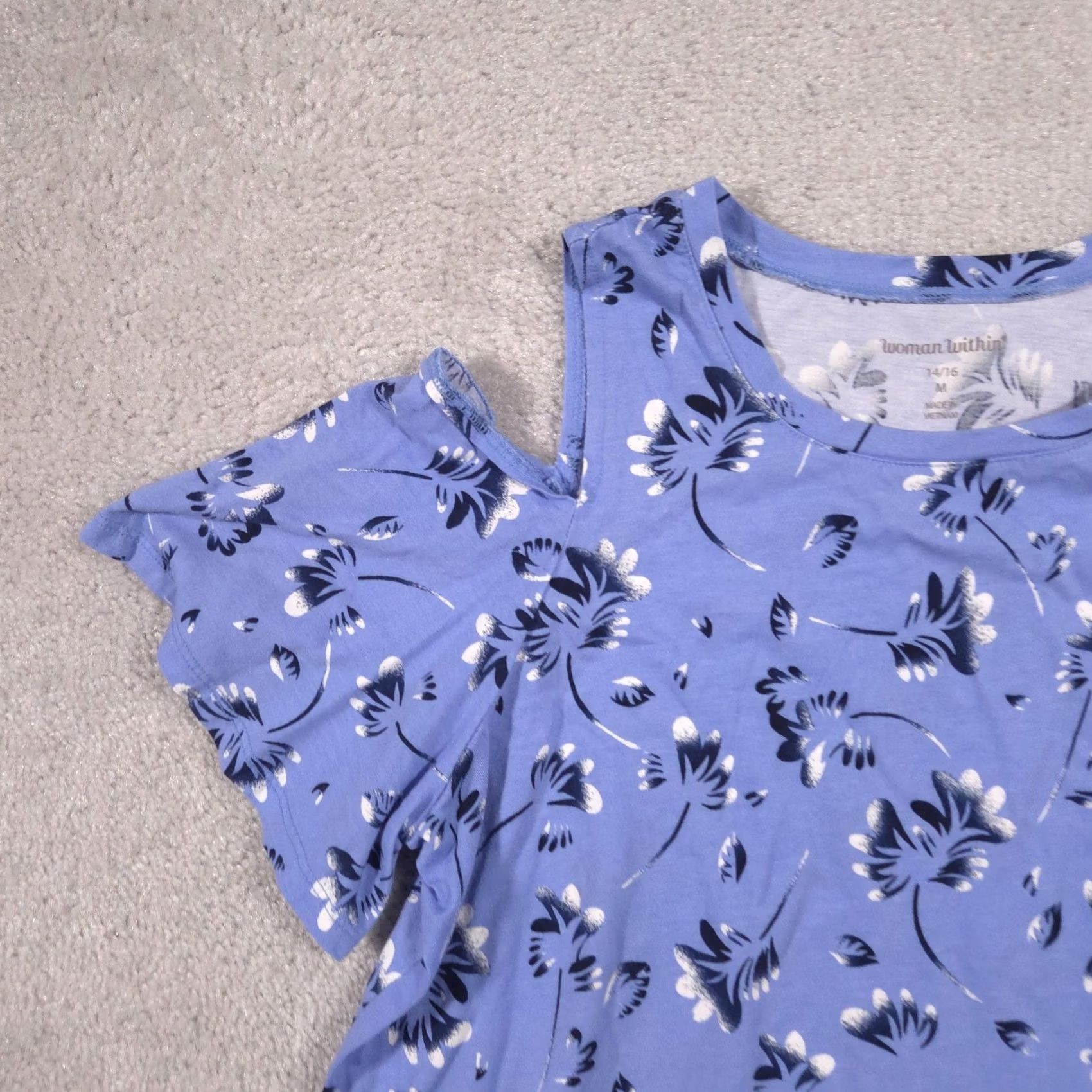 Vintage Woman Within Shirt Womens Blue Floral Cold Shoulder Sleeve Ruffle Top 14/16 Size XL / US 12-14 / IT 48-50 - 4 Thumbnail