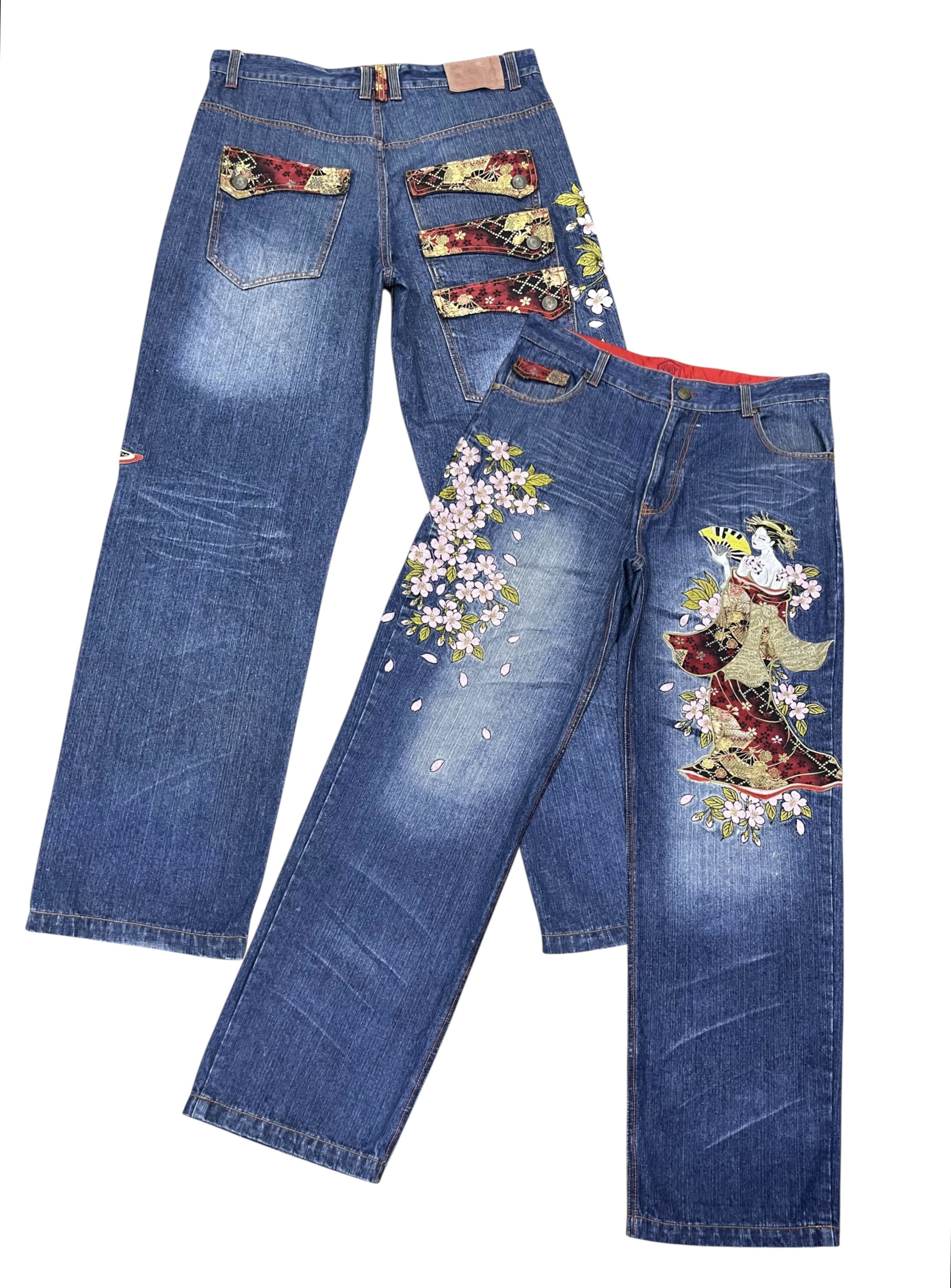 Addict Clothes Japan GEISHA & SAKURA Big Embroidery Baggy Fit Karakuri Denim Jpn Size US 35 - 4 Thumbnail