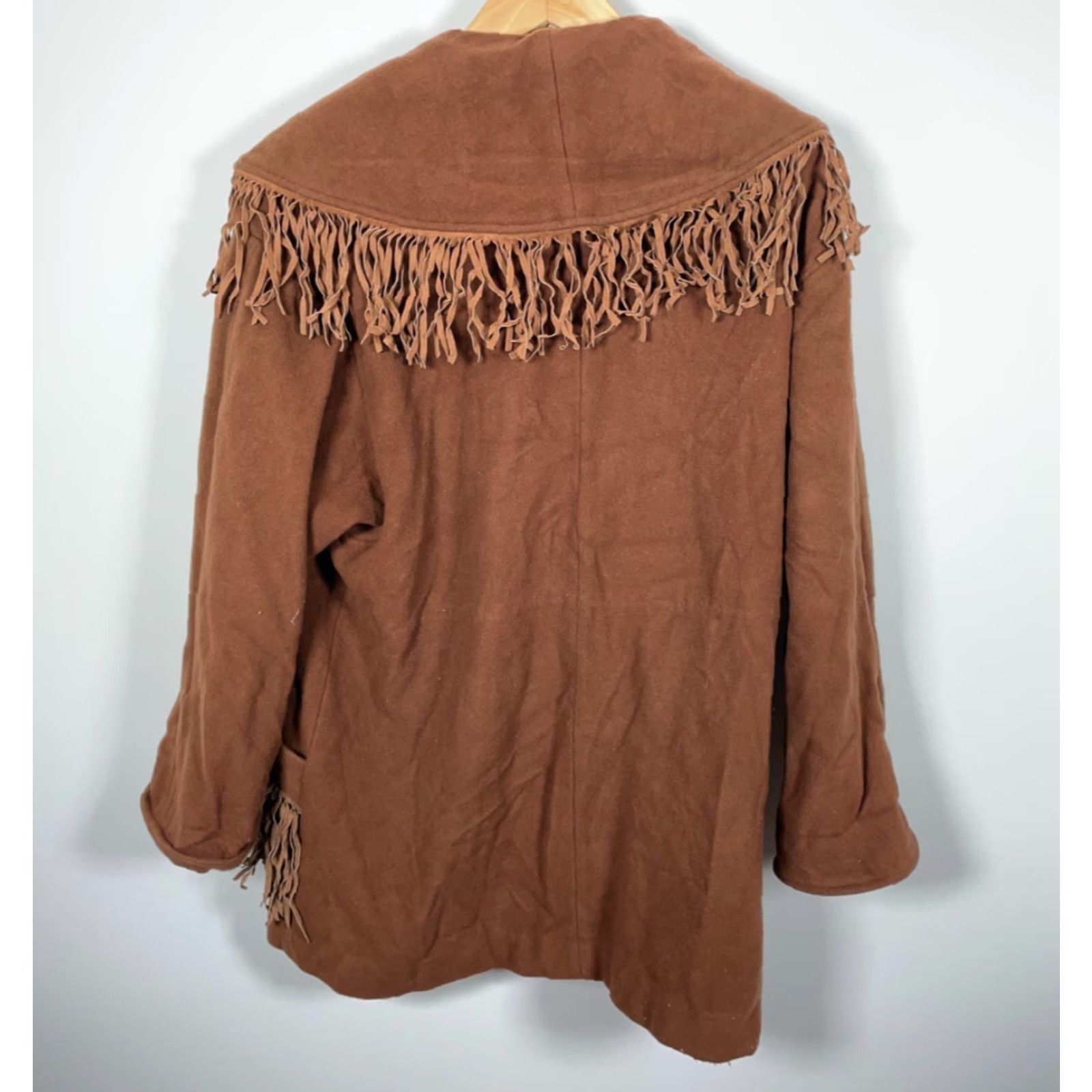 Lorovi Brown Wool Fringe Jacket Women\'s Large 1-Button Western Boho Retro