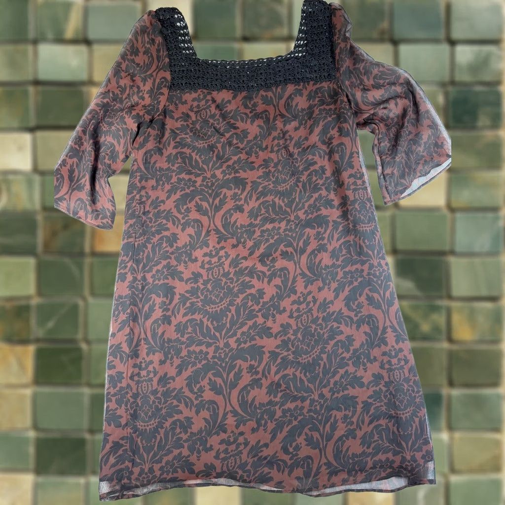 Vintage Vertigo Paris Womens M Brown Floral Chiffon Crochet Shift Knee Length Size M / US 6-8 / IT 42-44 - 1 Thumbnail