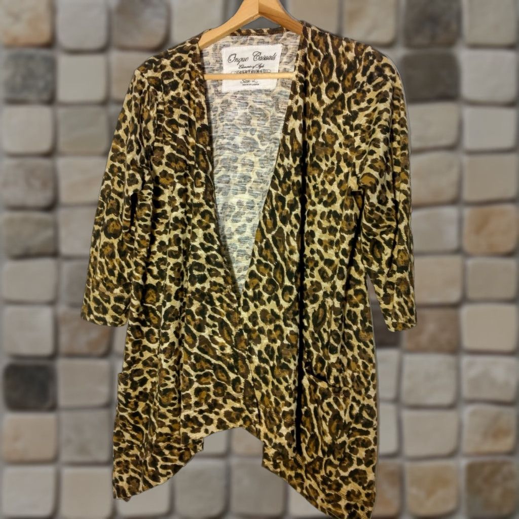 Vintage VINTAGE Onque Casuals Women's Knit Cardigan Large Animal Print Cheetah Leopard Open Front Brown Size L / US 10 / IT 46 - 1 Thumbnail