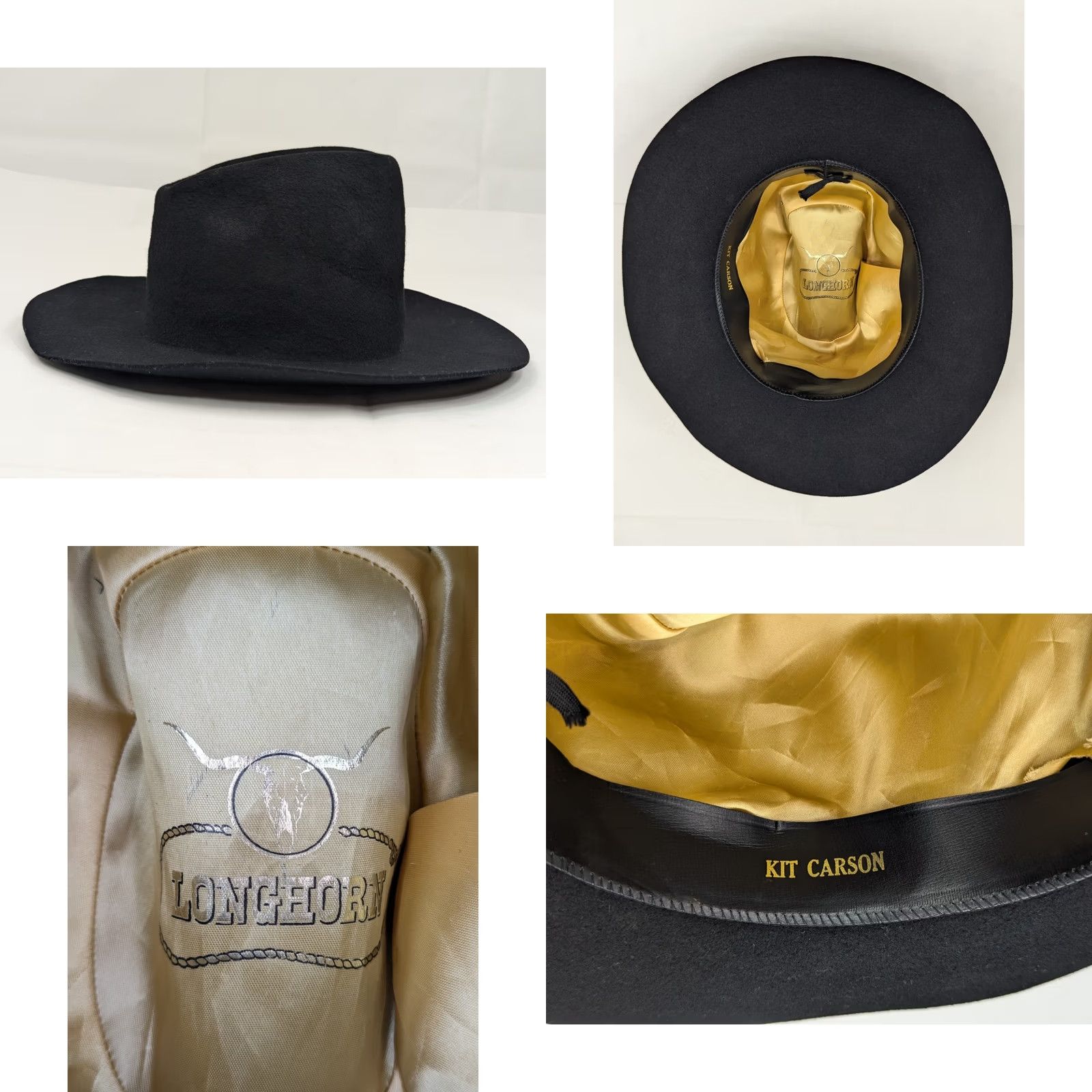 FELT VINTAGE Longhorn Kit Carson Felt Fedora Western Hat 23.5" Circ 7 3/8 Black Fedora Mens Hat Size ONE SIZE - 8 Thumbnail