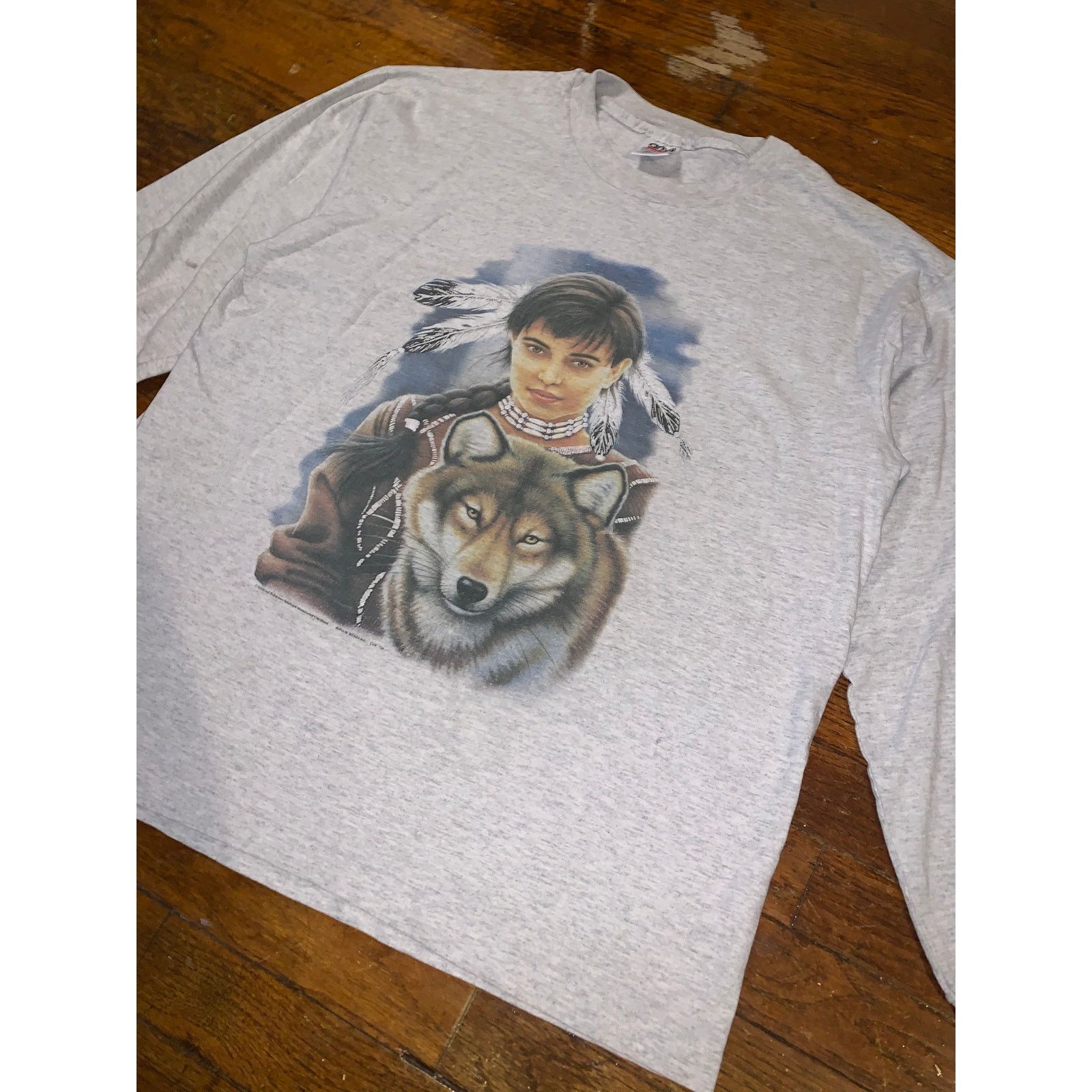 Anvil × Other × Vintage Vintage 90s Native American Wolf T Shirt USA L Single Stitch Size US L / EU 52-54 / 3 - 2 Thumbnail