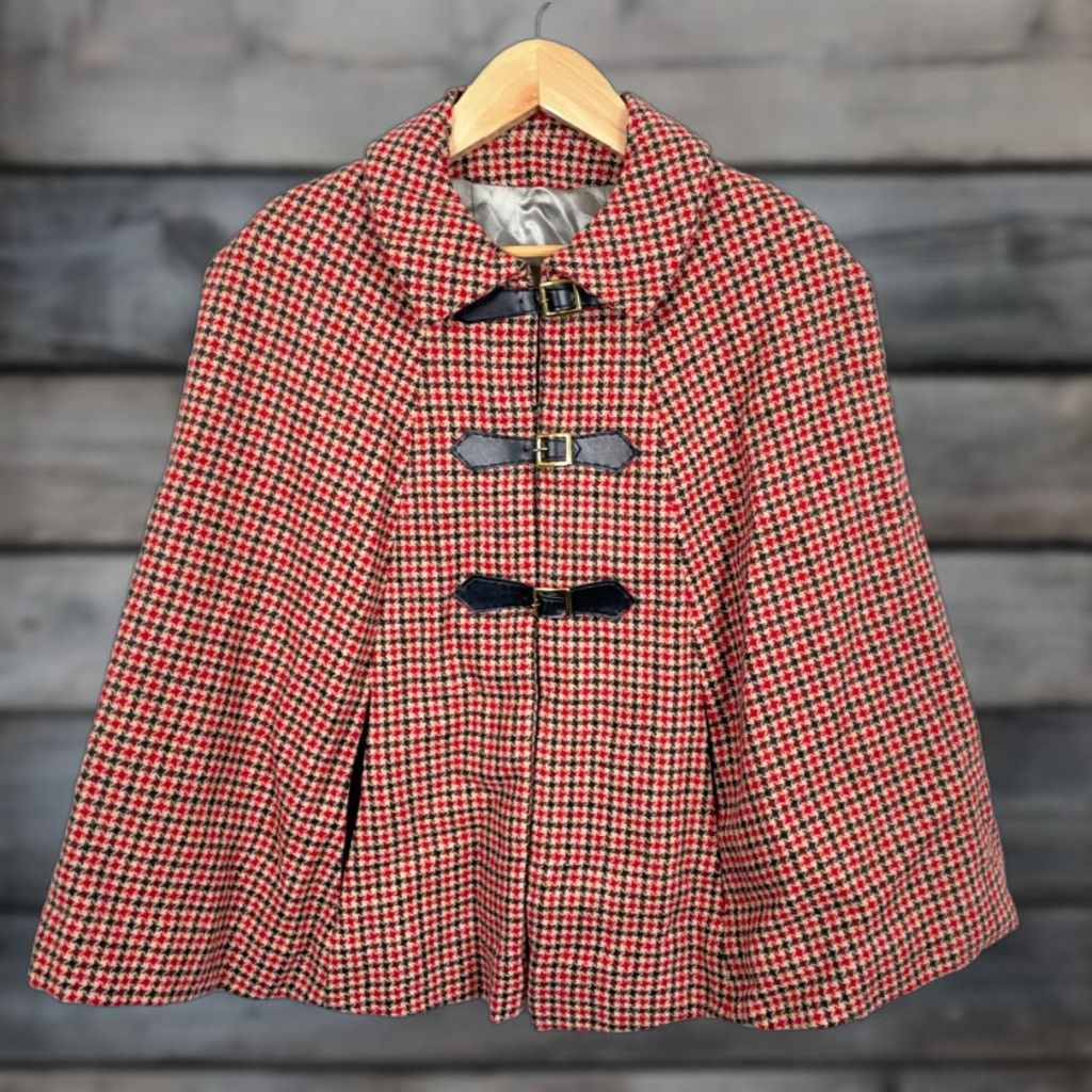 Vintage VINTAGE Poncho Cape Houndstooth Wool Red Black Lined Buckle Front Woman One Size - 60s Bohemian Hipster Retro Mod Fringe Embroidered Dry Clean Only Size ONE SIZE - 1 Thumbnail
