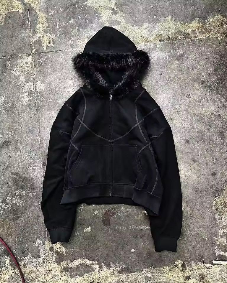 Japanese Brand Fashion Y2K Retro Ins Fur Hat Patchwork Striped Zip Hoodies Size US XL / EU 56 / 4 - 4 Thumbnail