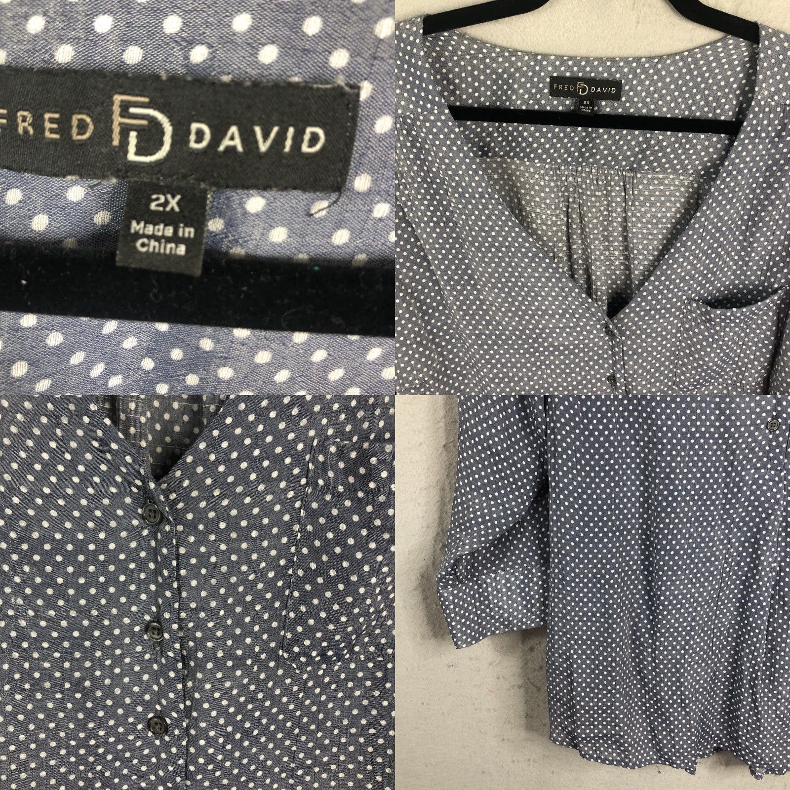 FRED Fred David Blouse Womens 2X Plus Gray White Polka Dot Semi Sheer Drapey Size XXL / US 16-18 / IT 52-54 - 8 Thumbnail