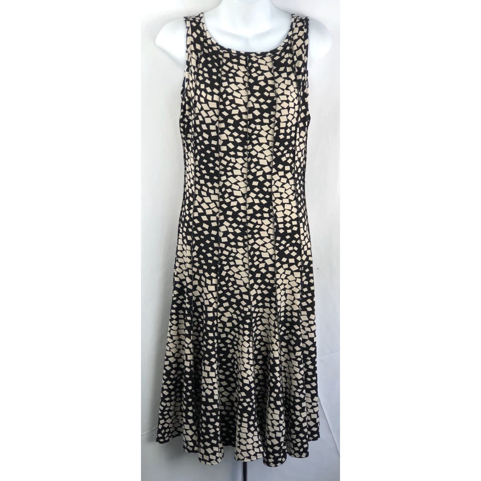 Forever 21 VINTAGE FOREVER 21 Dress Sleeveless Midi Fit & Flare S Tan/Blk Mod Pleated Geometric Print Bohemian Retro 60s Womens Size S / US 4 / IT 40 - 5 Thumbnail