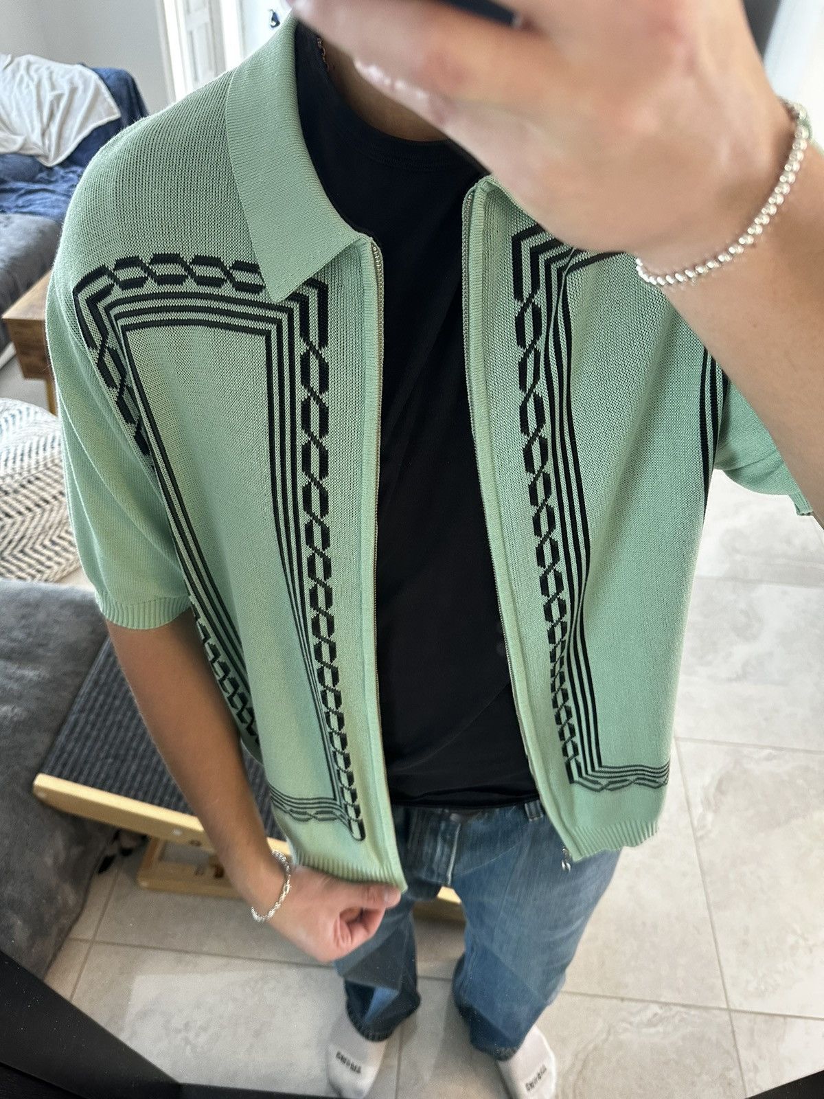 image of Supreme Knit Zip Up Polo in Sage, Men's (Size Large)