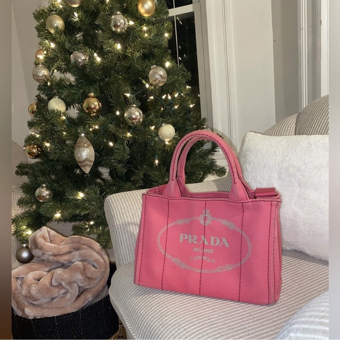 image of Prada Canvas Canapa Tote Pink Bag, Women's