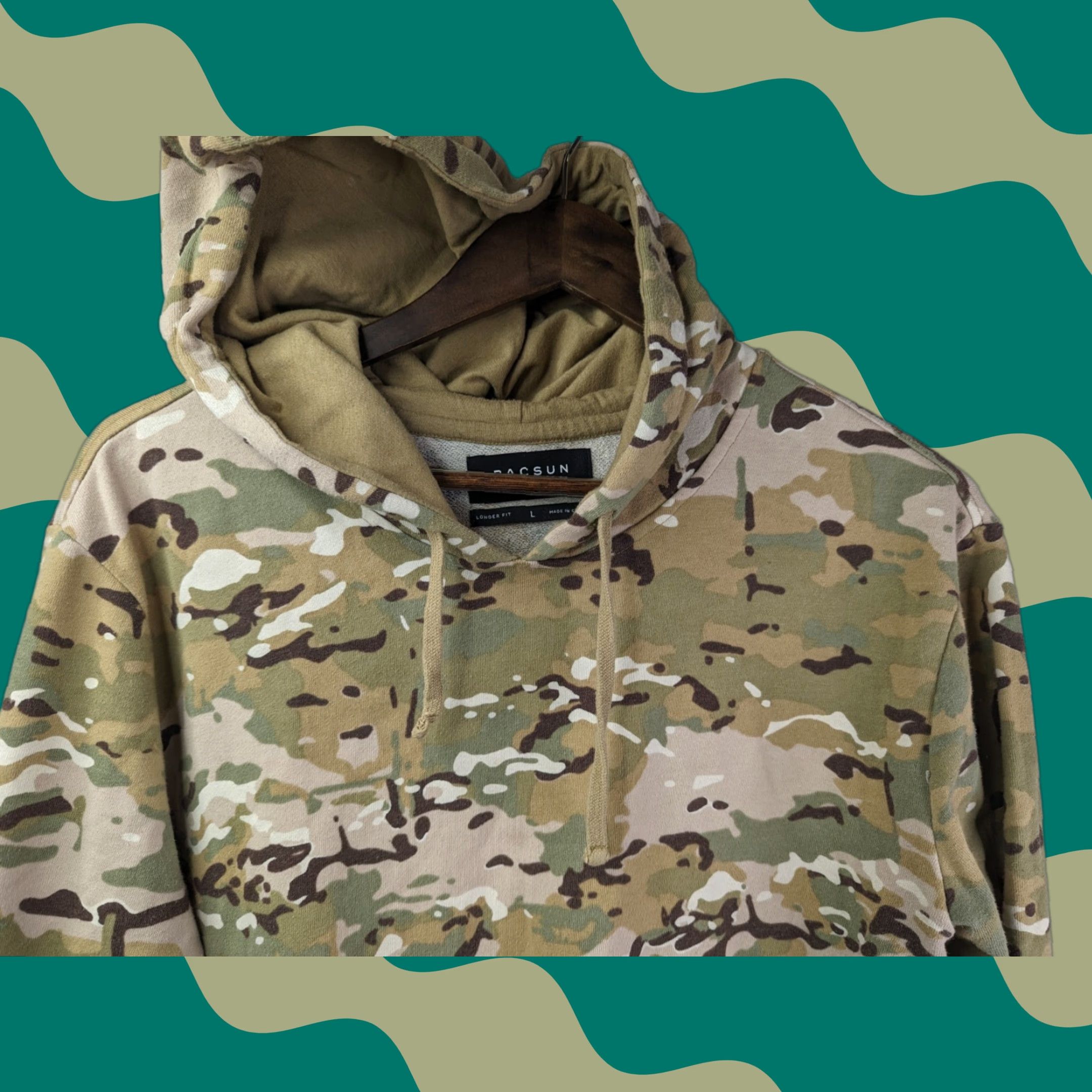 Pacsun Pacsun Hoodie Camouflage Longer Fit Pullover Sweatshirt Size L Mens Beige Multicolor Crew Neck Pullover, Colorful, Jersey Cotton Size US L / EU 52-54 / 3 - 1 Thumbnail