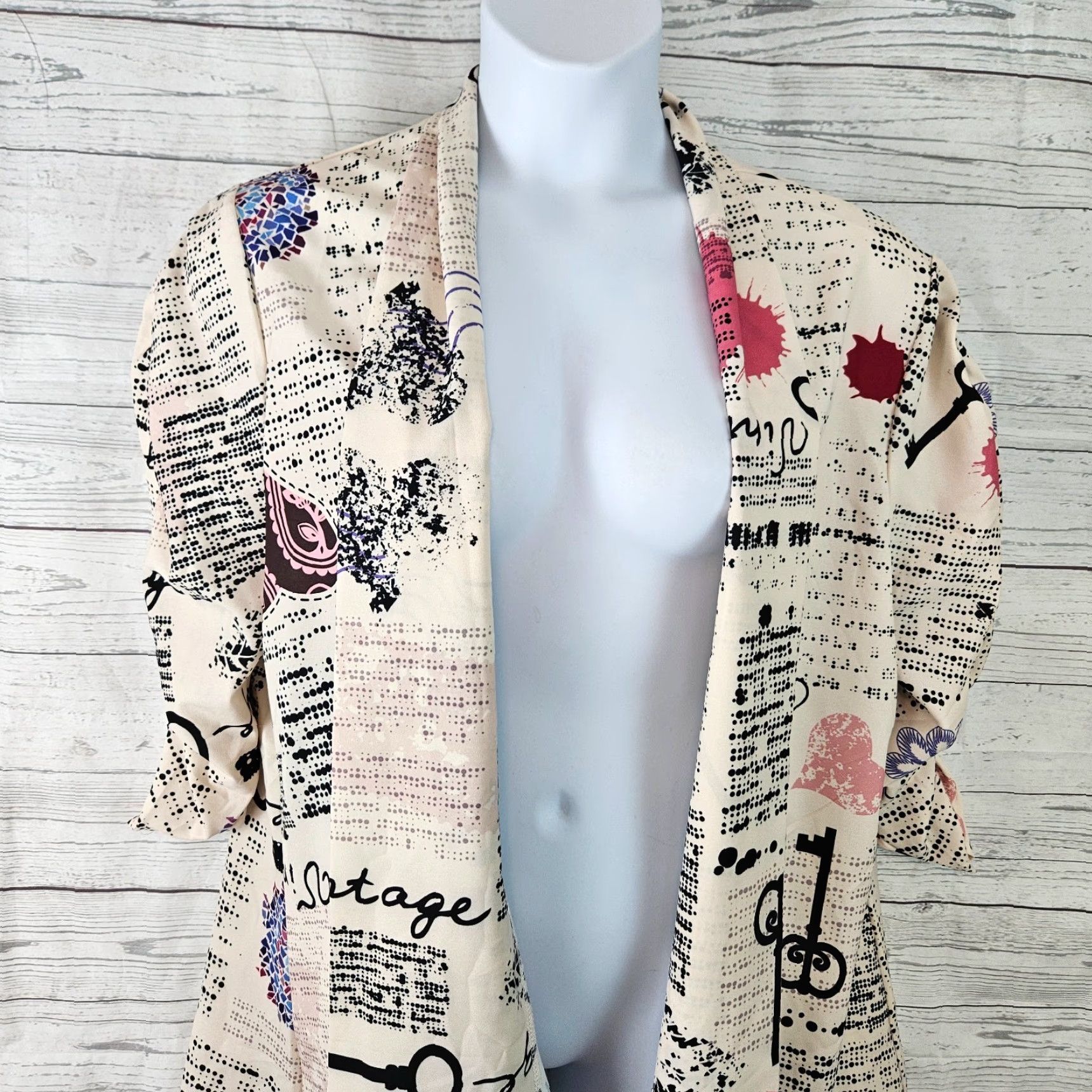 Vintage Lily by Firmiana Womens Kimono Sz 3X Black Pink Ruched 3/4 Sleeve Size XXL / US 16-18 / IT 52-54 - 2 Thumbnail