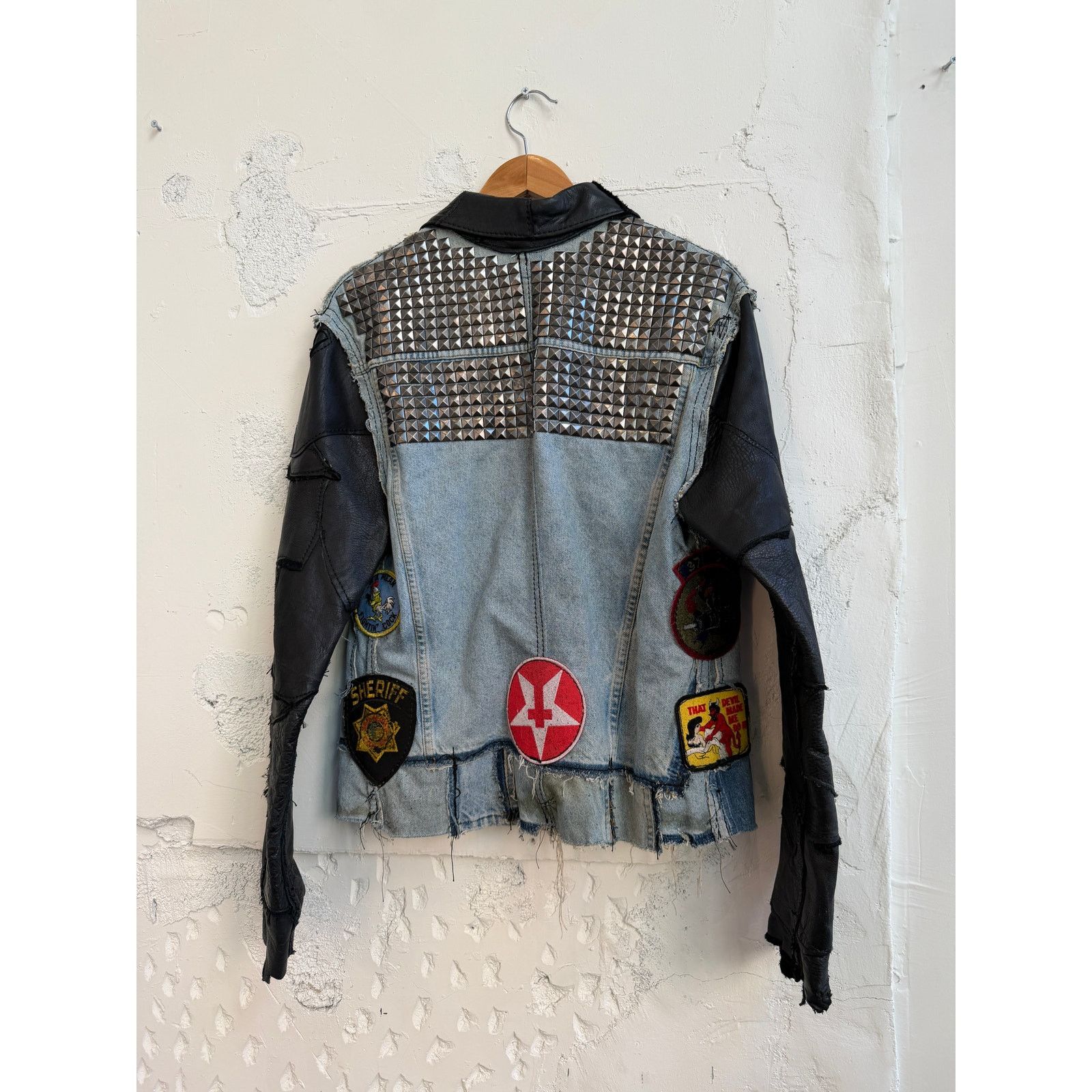Other Junker Designs Upcycled Leather/Denim Studded Jacket Size US XL / EU 56 / 4 - 6 Thumbnail