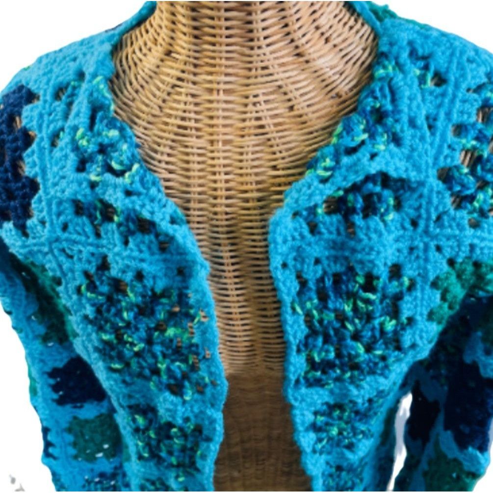 Handmade Crochet Cardigan Sweater Granny Square Turquoise Blue Green Size ONE SIZE - 6 Thumbnail