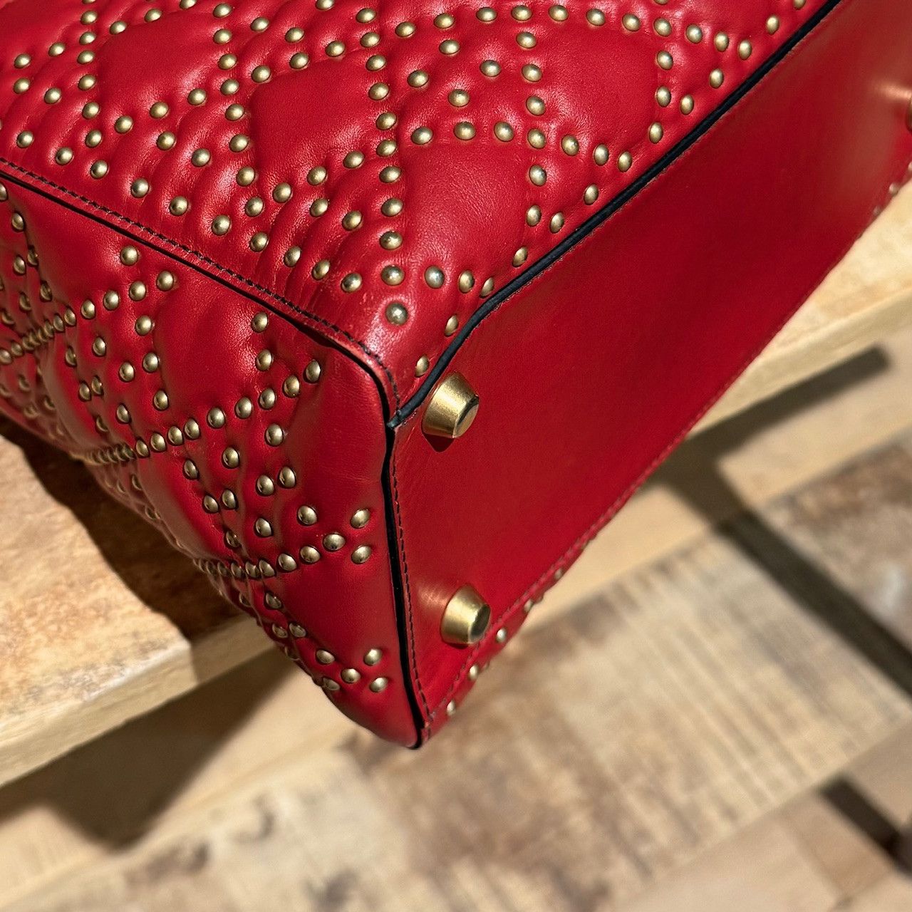 Dior Christian Dior Red Leather Gold Studded Medium Lady Dior Bag Size ONE SIZE - 20 Thumbnail