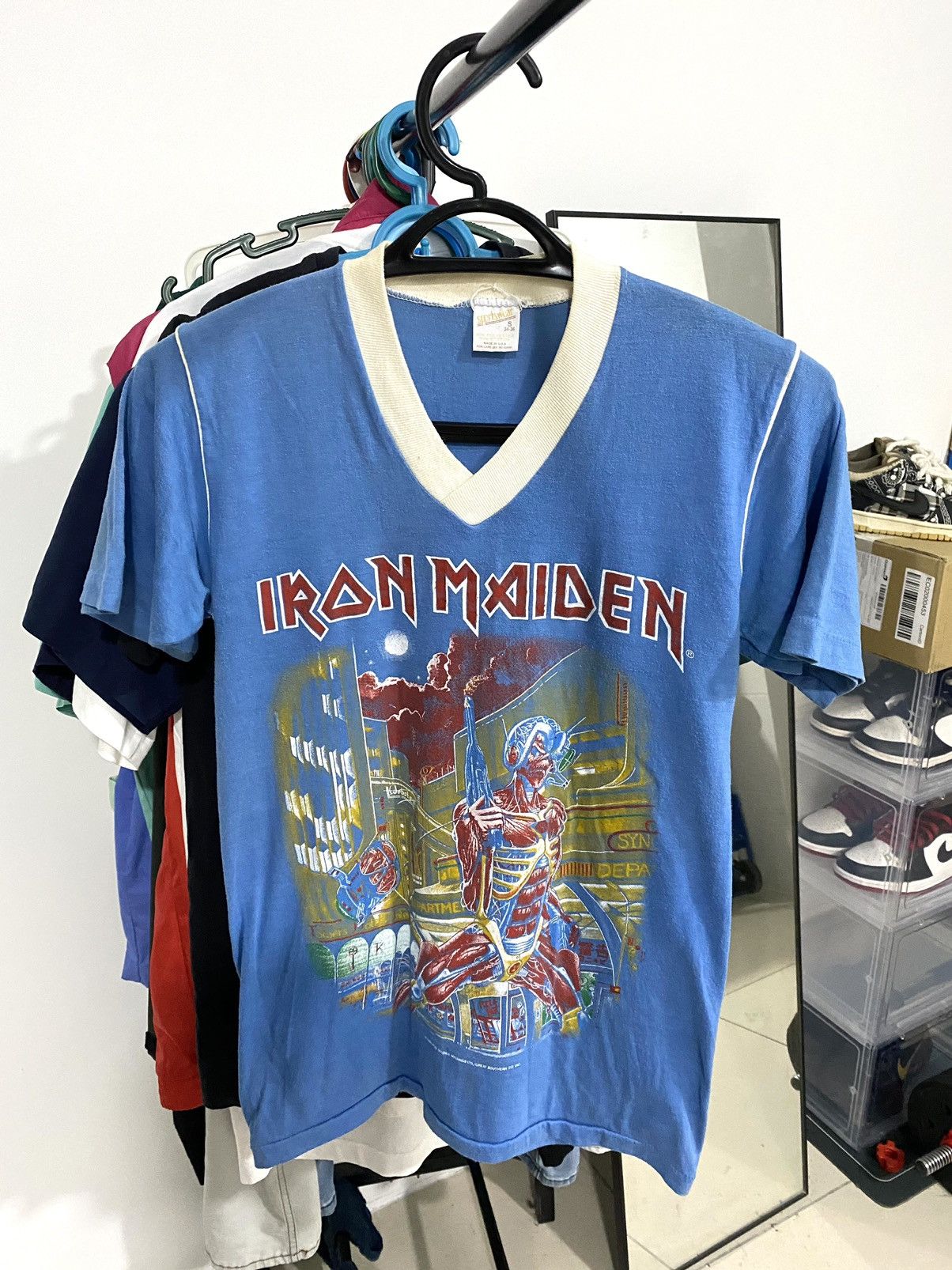 image of Vintage 80's Iron Maiden 1986 Rock Band Shirt in Blue, Men's (Size Small)