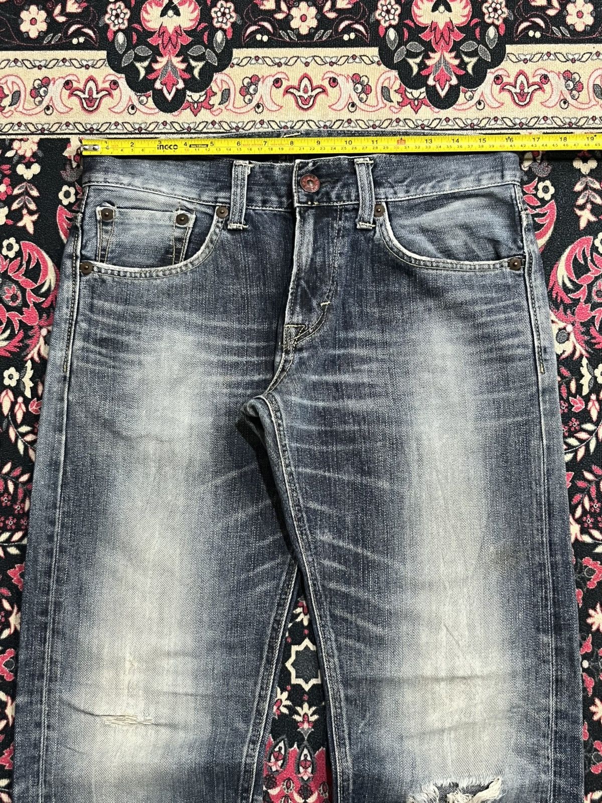 Edwin Edwin 503 Blue Trip Blue Washed Distressed Straight Jeans Size US 30 / EU 46 - 13 Thumbnail