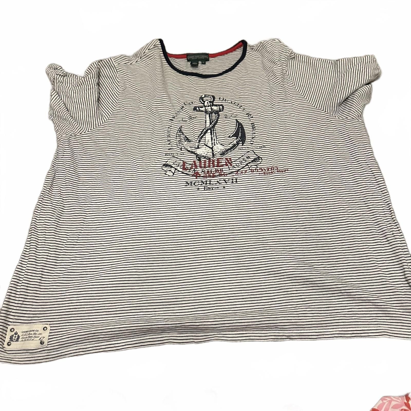 Designer Lauren Jeans Company Striped Anchor Tee - Nautical Inspired Size XXL / US 16-18 / IT 52-54 - 1 Thumbnail
