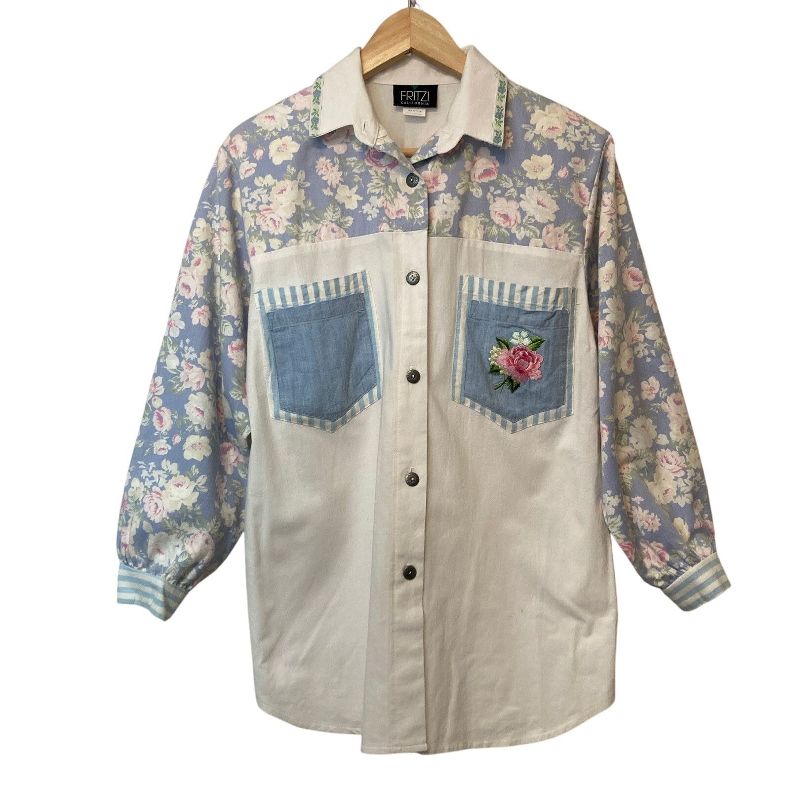 Other Vintage 90’s Fritzi California Retro White Blue Button Shirt Size M / US 6-8 / IT 42-44 - 1 Thumbnail