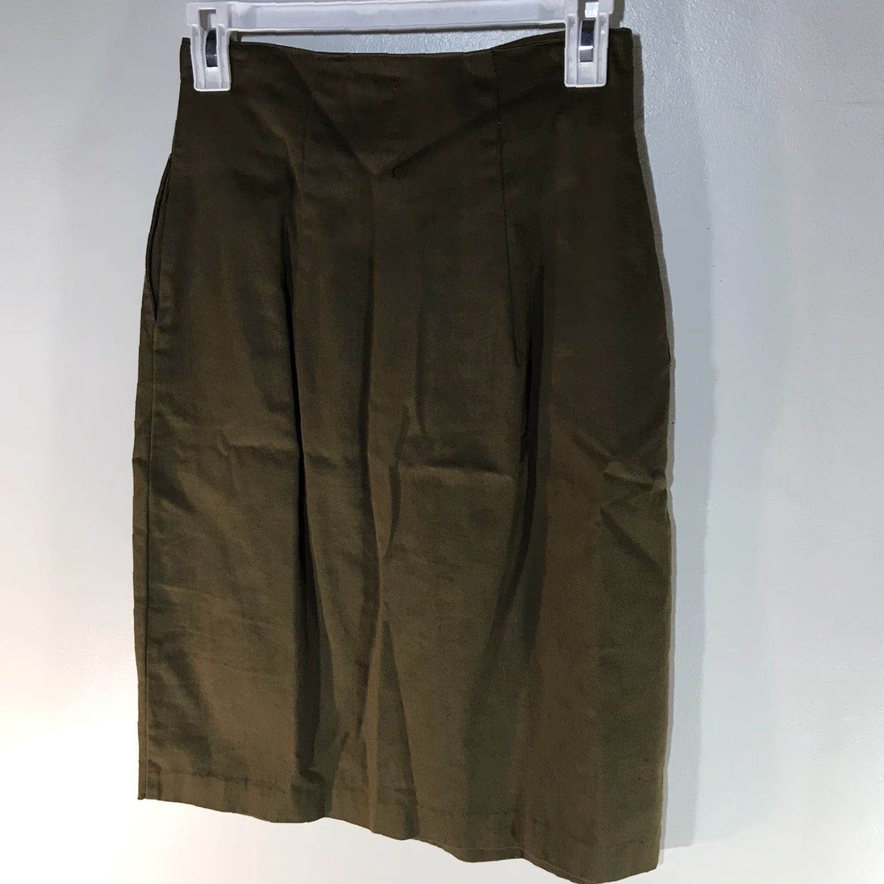 Olive VINTAGE Clockwork Women's Midi Skirt Pleated High Waist Cotton Olive 80s City Preppy Fall Spring Summer Size 28" / US 6 / IT 42 - 4 Thumbnail