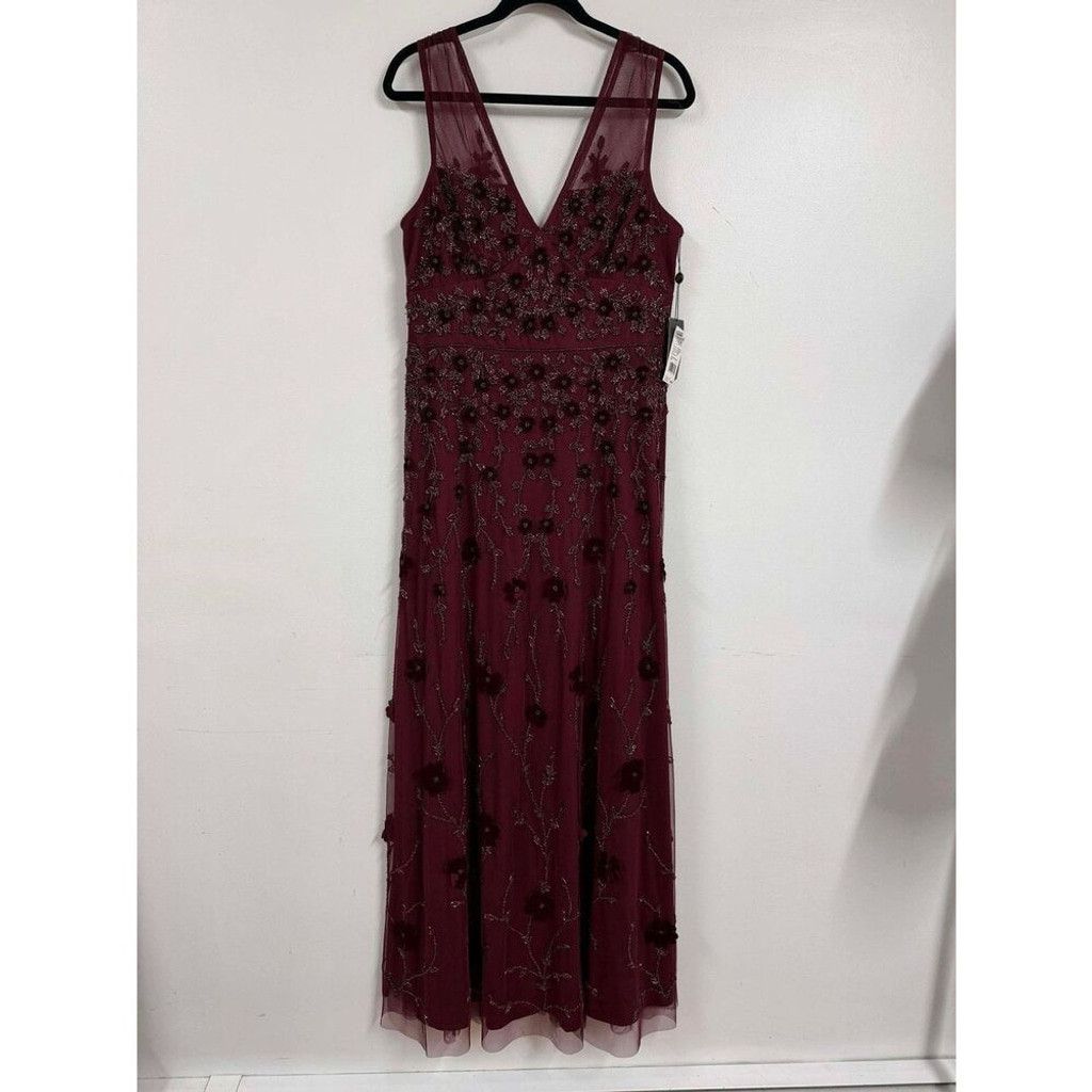 Adrianna Papell Beaded Gem Illusion Dress Gown Size 14