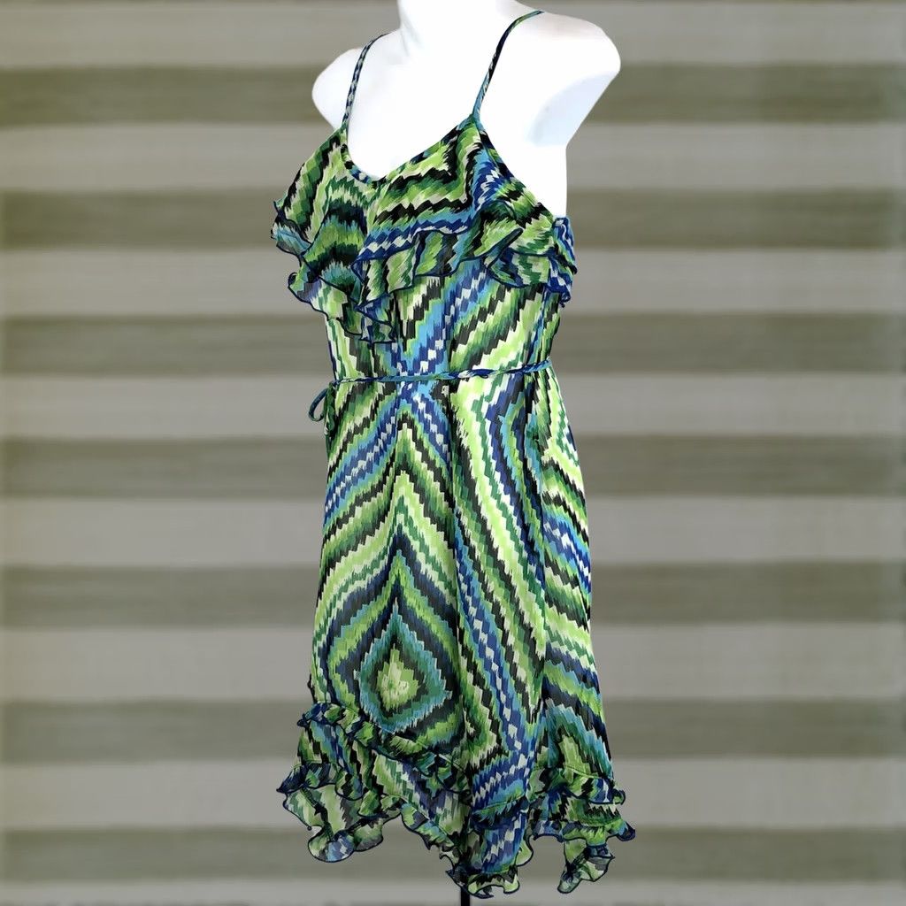 Vintage BCX Dress Womens S Green NWT Sun Geo Abstract Tiered Ruffles Strappy Tie Back Size S / US 4 / IT 40 - 1 Thumbnail
