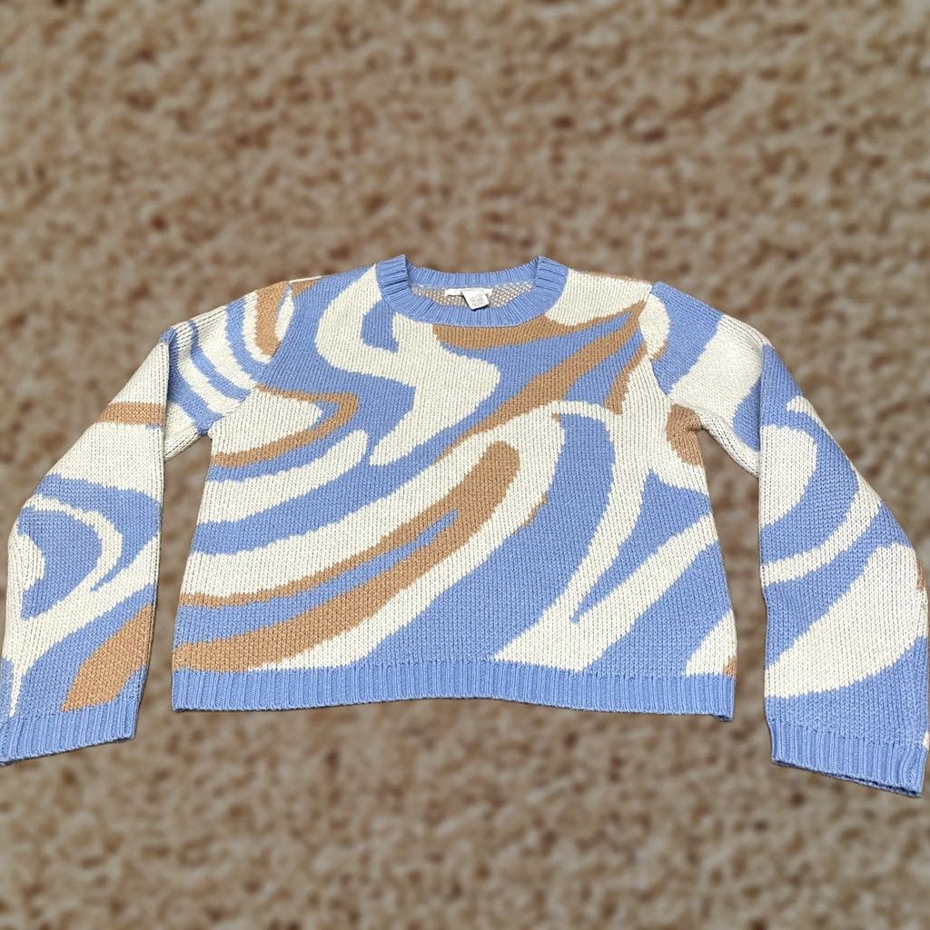 Vintage Full Tilt Sweater Womens Small Blue White Tan Crewneck Knit Abstract Pullover Size M / US 6-8 / IT 42-44 - 1 Thumbnail