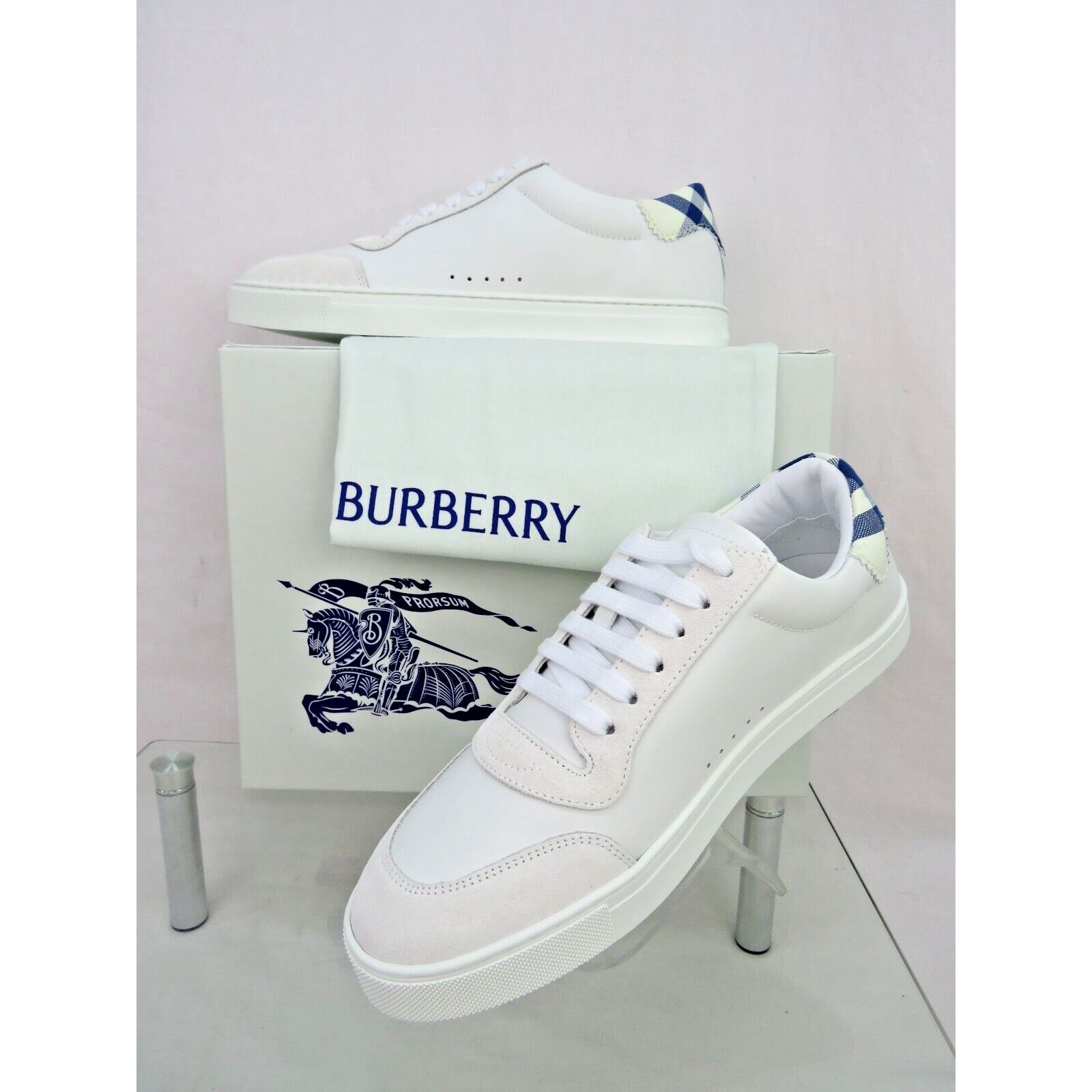 Burberry BURBERRY ROBIN WHITE BLUE CHECK LEATHER LOGO SNEAKERS 11.5 Size US 11.5 / EU 44-45 - 12 Thumbnail