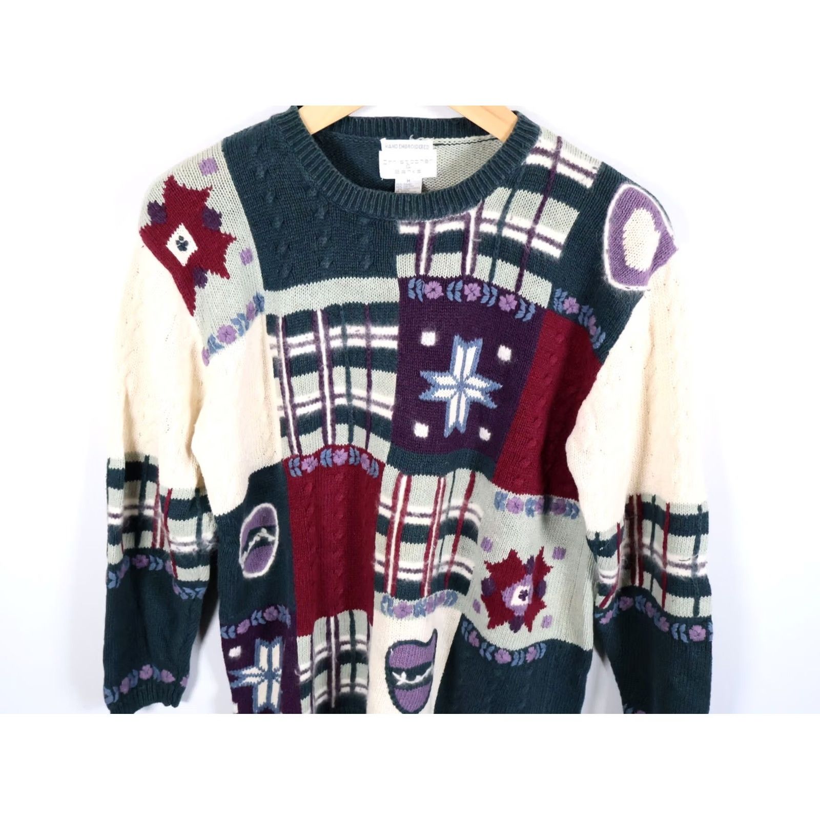 Vintage VINTAGE 90s Patchwork Sweater Women's Medium Green Ramie Cotton Christopher & Banks Crew Neck Embroidered Geometric Knit Pullover Casual Size M / US 6-8 / IT 42-44 - 4 Thumbnail