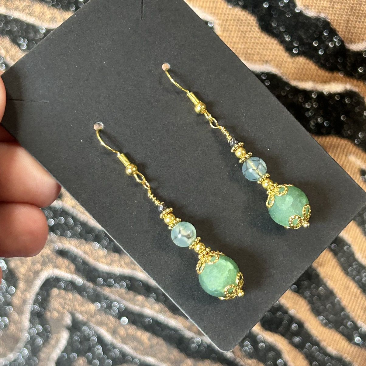 Handmade Handcrafted green crackle glass dragon vein agate earrings Size ONE SIZE - 1 Thumbnail