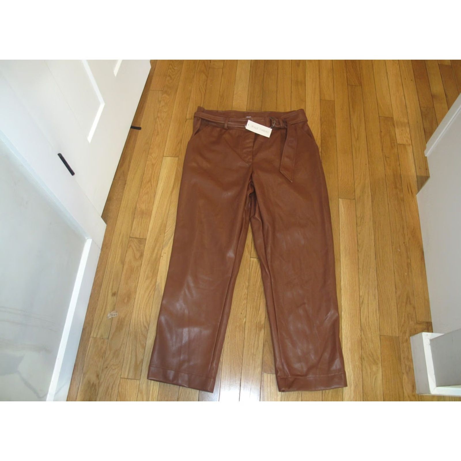 Vintage Single Thread Faux Leather Pants Women's L Brown 100% Polyurethane Belted Waist Ankle Straight Regular Fall Winter Spring Casual Womens Size 36" / US 14 / IT 50 - 2 Thumbnail