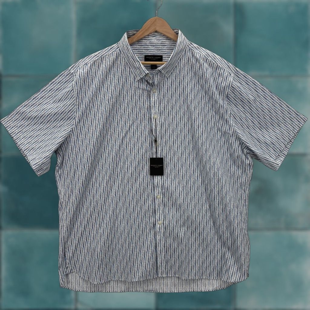 Pronto Uomo Pronto Uomo Shirt Mens 3XL Blue White Print Short Sleeve Button Front Cotton NWT Size US XXL / EU 58 / 5 - 1 Thumbnail