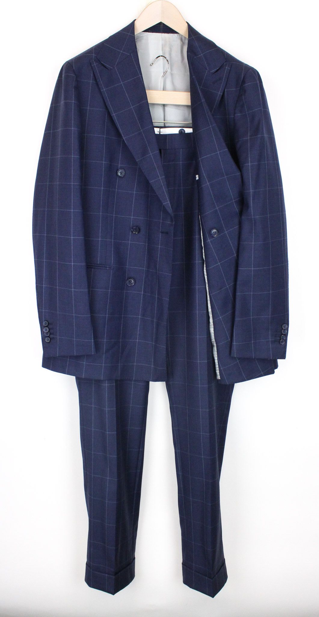 image of Suitsupply Soho Uk44L Blue Wool Checked Double-Breasted Suit 67387, Men's