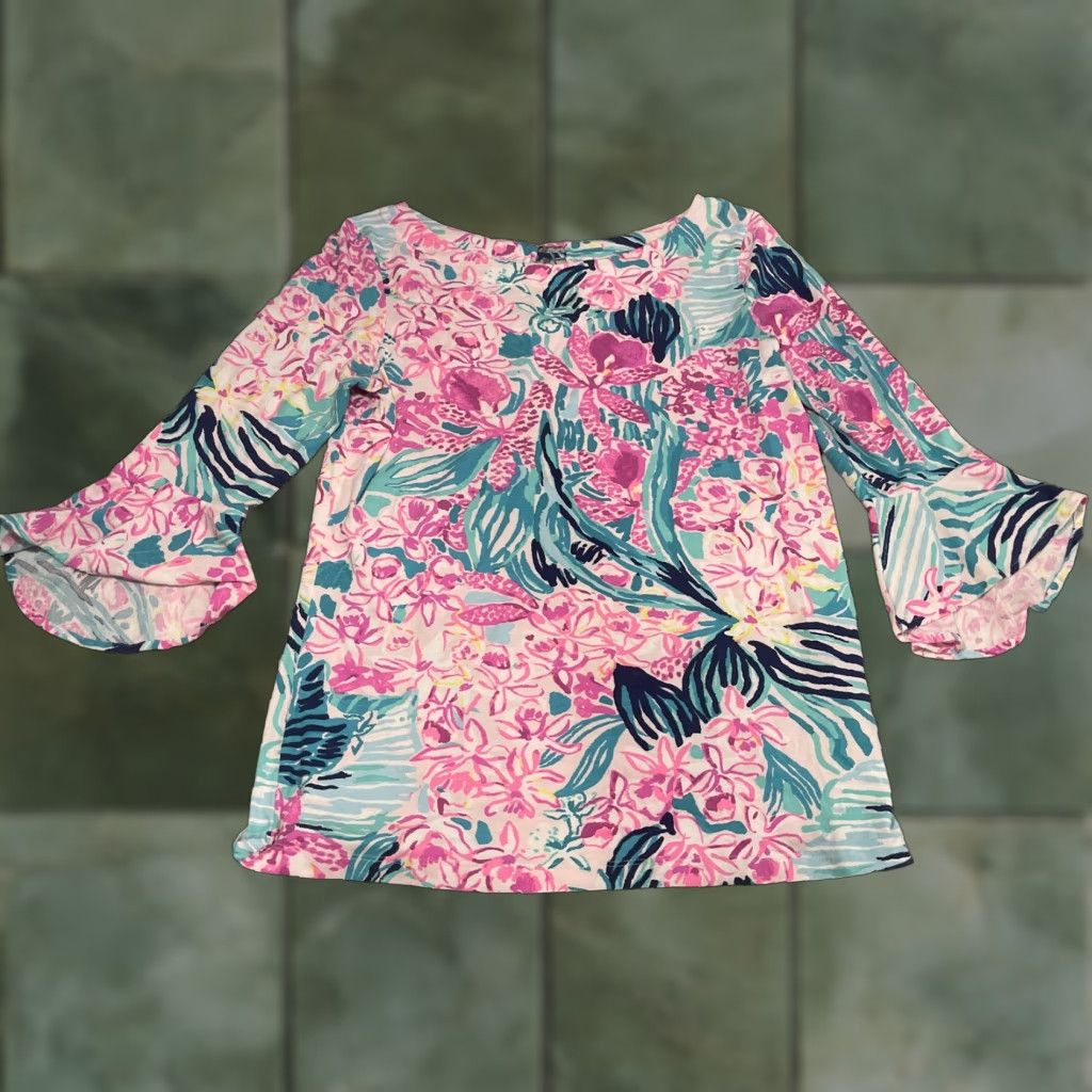 Lilly Pulitzer Lilly Pulitzer Pink Via Flora Bell Sleeve Fontaine LS Top Blouse Women Sz Small Size S / US 4 / IT 40 - 1 Thumbnail