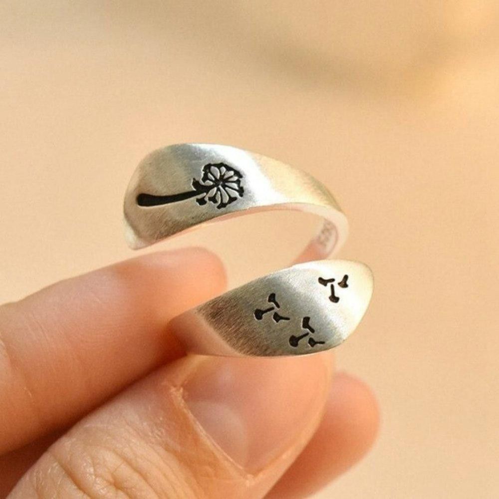 Designer Silver Carved Engraving Dandelion Open Ring Size ONE SIZE - 4 Thumbnail