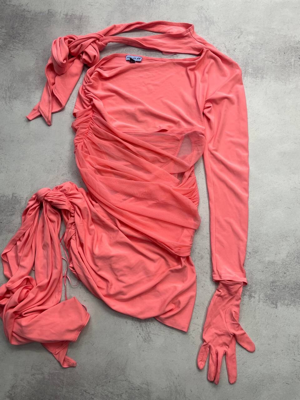 H&M × Japanese Brand × Mugler Mugler H&M Pink Asymmetric One-Sleeve Ruched Mini Dress Y2K Size L / US 10 / IT 46 - 4 Thumbnail