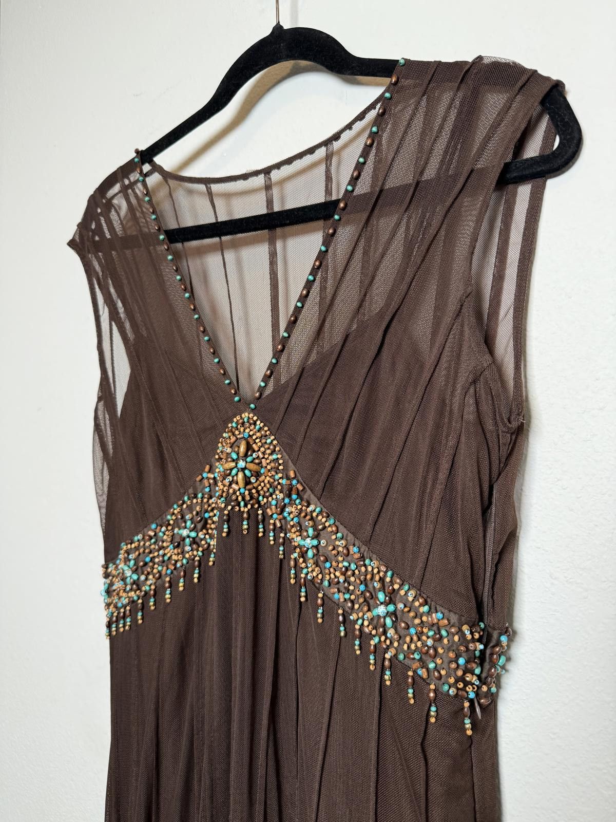 Y2K Vintage Brown Fairy Beaded Midi Dress with Sheer Overlay