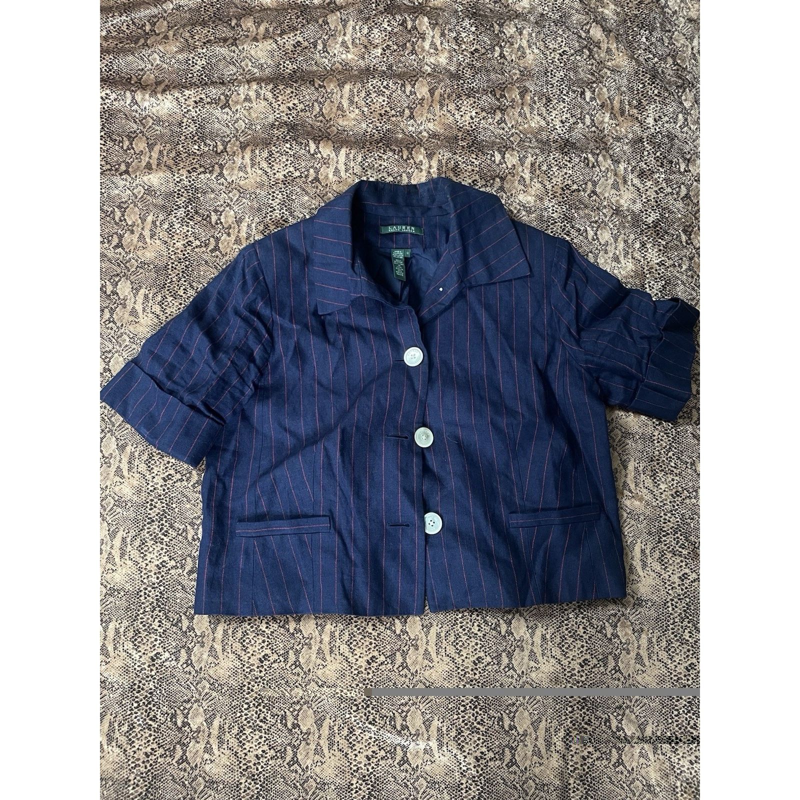 Ralph Lauren RALPH LAUREN Navy PinStriped Cropped Jacket Linen 12 Size XL / US 12-14 / IT 48-50 - 2 Thumbnail
