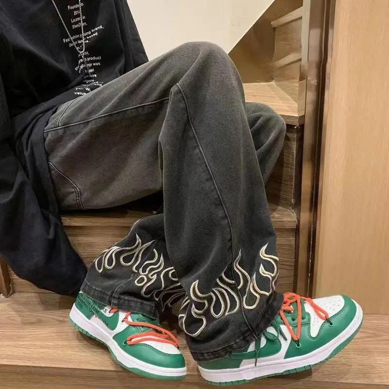 Japanese Brand × Jean Flame Embroidery Jeans Wide Leg Denim Jeans Baggy Size US 29 - 1 Thumbnail