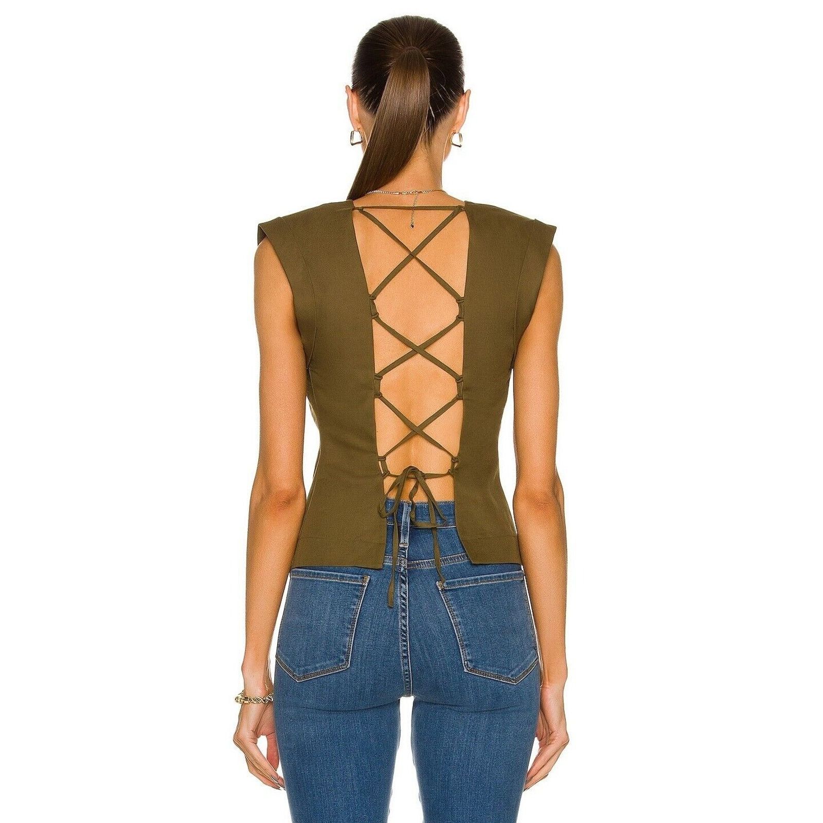 Frame Frame Women Green Linen Lace Back Sleeveless Top Size S Size S / US 4 / IT 40 - 2 Thumbnail
