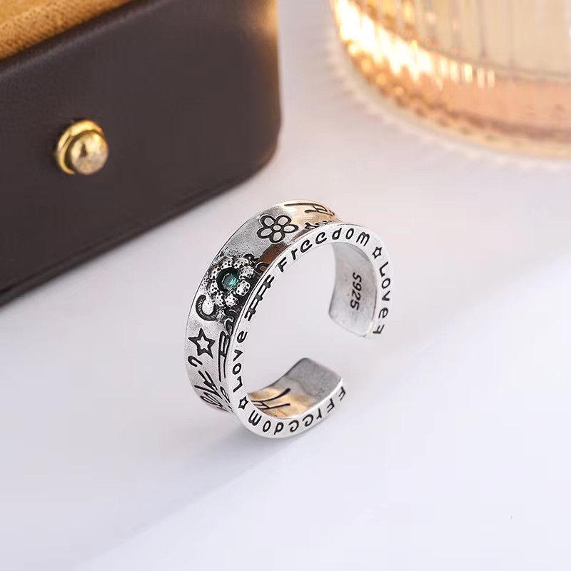 Jewelry Green Zircon Flower Graffiti Cuff Rings Size ONE SIZE - 3 Thumbnail