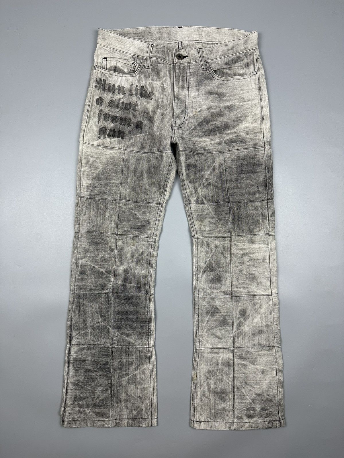 If Six Was Nine × Le Grande Bleu (L.G.B.) 🔥Sick🔥Vintage Rupert Smoke Checkered Patchwork Flared Design Size US 31 - 1 Thumbnail