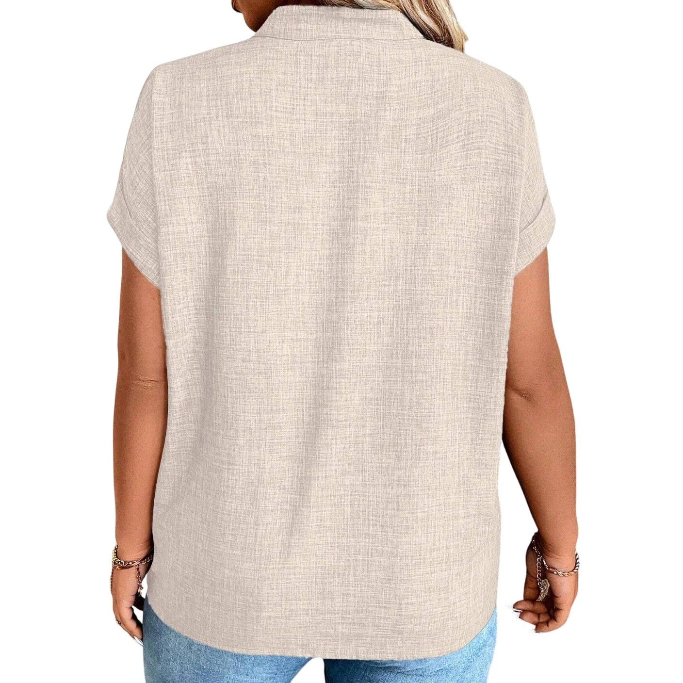 Shein V-Neck Bat Short Sleeve Loose Shirt in Beige, Size 2XL Size XXL / US 16-18 / IT 52-54 - 2 Thumbnail