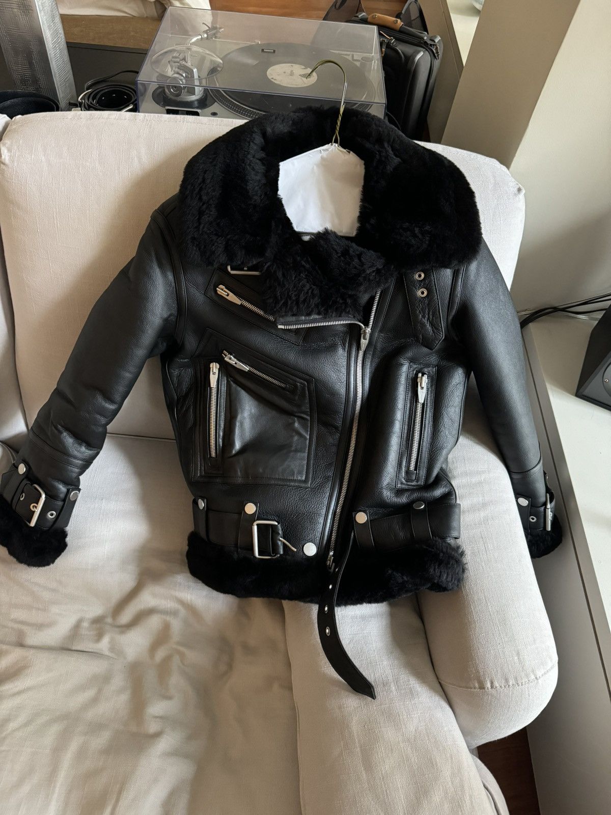 image of The Arrivals Fur Aviator Leather Jacket in Black, Women's (Size XS)