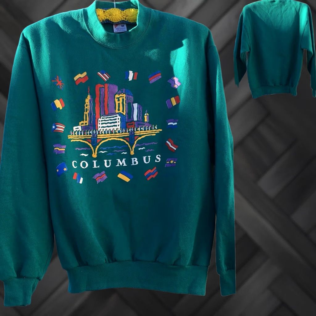 Jerzees VINTAGE Columbus Sweatshirt 80s 90s 1980s Jerzees Made in USA M Unisex Long Sleeve Poly Cotton Graphic Tee Shirt Mens Womens Boys Girls Size US M / EU 48-50 / 2 - 1 Thumbnail