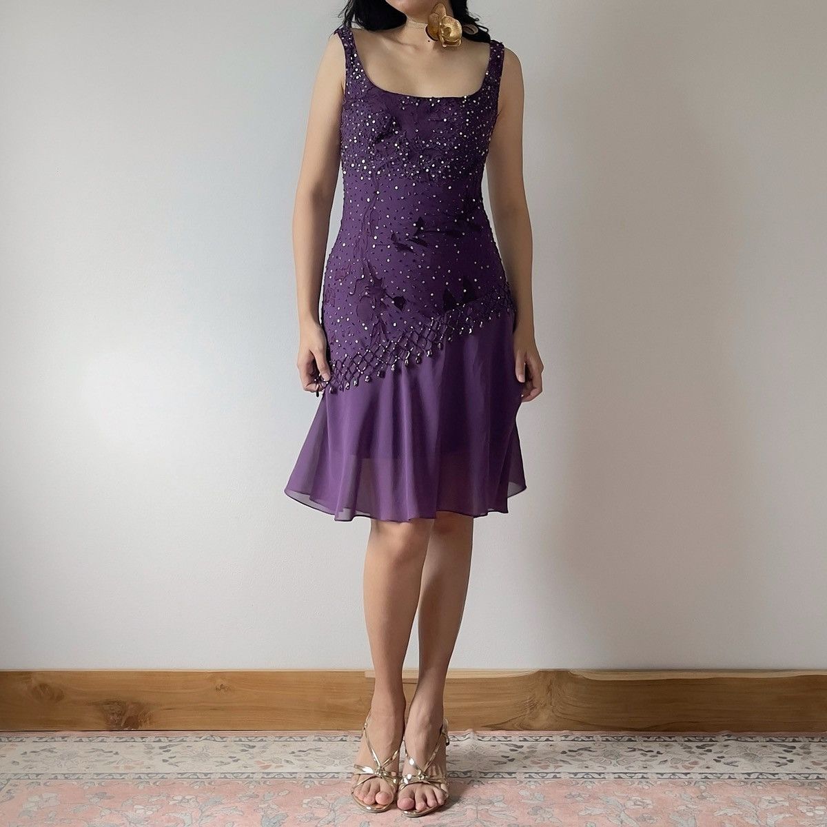 Alex Evenings Vintage Purple Silk Burnout & Chiffon Beaded Dress (S–M) Size M / US 6-8 / IT 42-44 - 2 Thumbnail