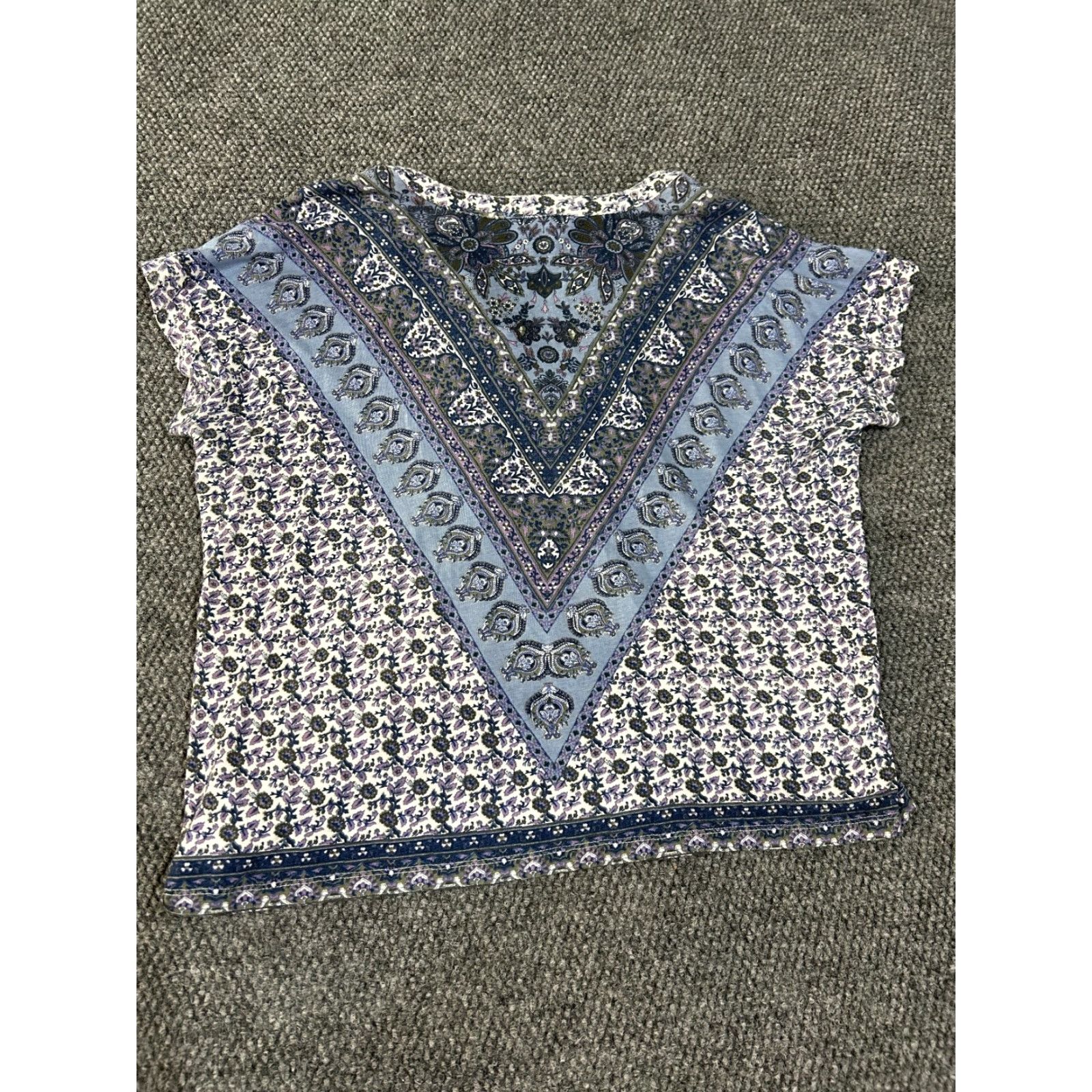 Lucky Brand Lucky Brand Blouse Women's L Blue Purple Floral Boho Knit V-Neck Short Sleeve Pullover Casual Size L / US 10 / IT 46 - 7 Thumbnail