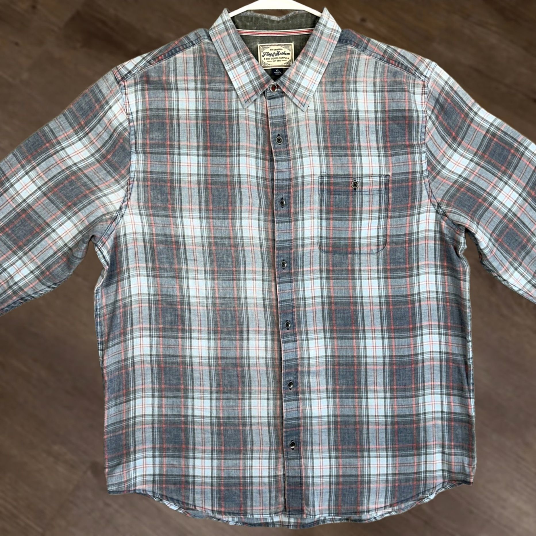 Flag & Anthem Flag Anthem Button-Up Shirt Mens XL Plaid Blue Grey Orange Stretch Chest Pocket Casual Workwear Size US XL / EU 56 / 4 - 1 Thumbnail