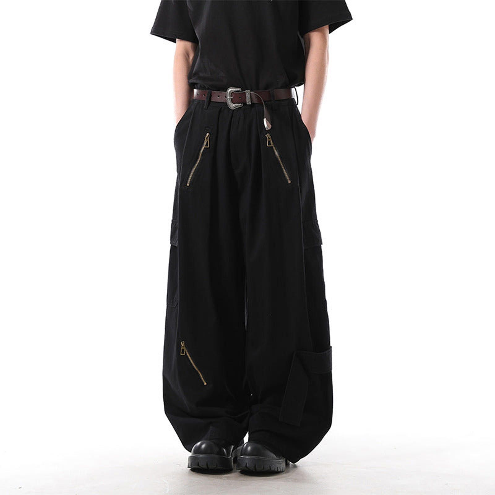 Vintage Black Wide Leg Cargo Pants, Loose Fit Zipper Detail Pants Size US 32 / EU 48 - 1 Thumbnail
