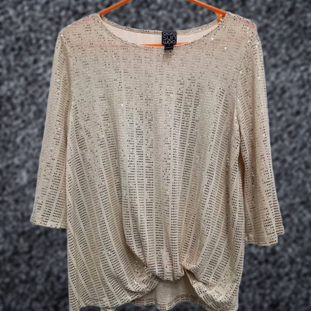 Vintage Clara Sun Woo Sequin Gold Champagne 3/4 Sleeve Knot Front Top Womens Small Size S / US 4 / IT 40 - 1 Thumbnail